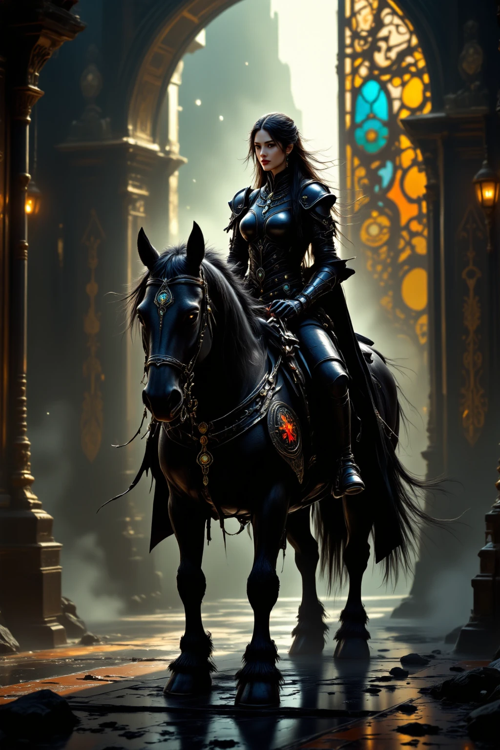 She is riding a huge black horse,Black armor look with colorful patterns,Scenery with huge, colorful gates,Realistic,4K,HDR,Professional level detail,Photorealistic,vibrant color,Light and shadow effects