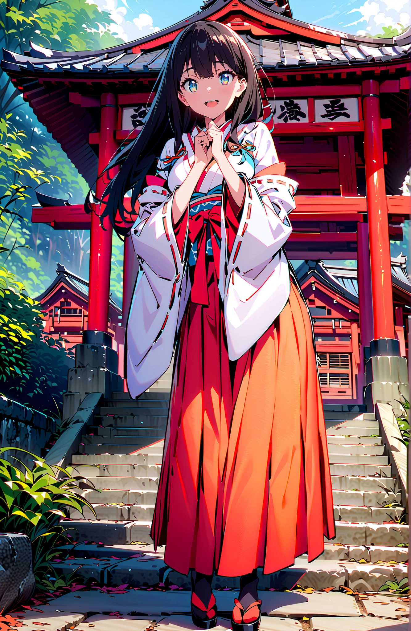 score_9, score_8_up, score_7_up, source_anime, It's because of Rikkata, black hair with a young pattern, blue eyes, long hair, orange scrunch, scrunchie, Wrist Scrunches , smile,cover,Open Your Mouth,Orange wrist scrunch, Shrine maiden, kimono, object, Red Hakama Skirt , Wide Sleeves, long sleeve, ribbon trim sleeve, standing on a stone staircase,noon,full bodyがillustrationsに入るように,break outdoors, shrine,
break looking at viewer,full body,
break (masterpiece:1.2), Best Quality, high resolution, Unity 8k 壁紙, (illustrations:0.8), (beautiful detailed eyes:1.6), very detailed face, so that it fits into the illustration, Extremely Detailed CG, (perfect hand, perfect anatomy),