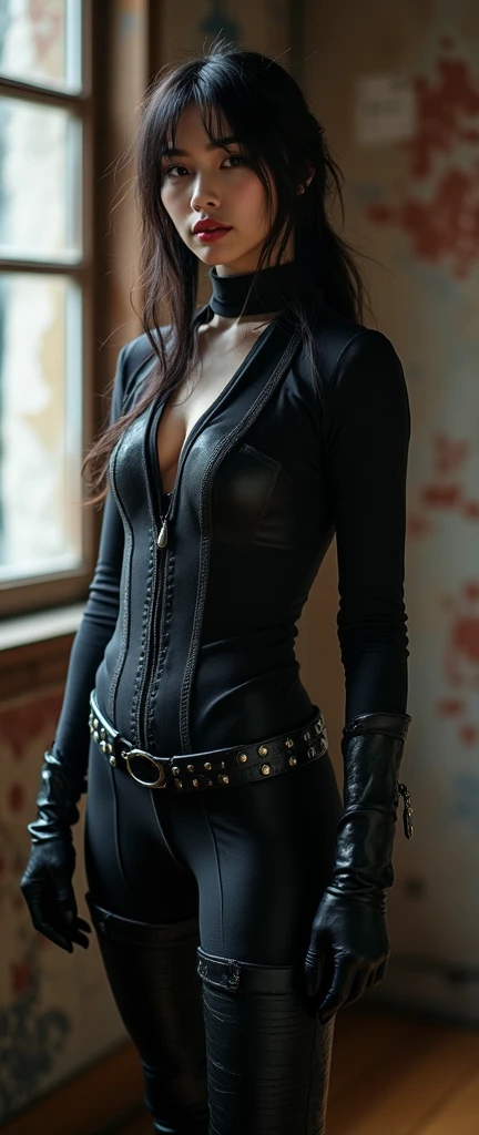 Albanian girl. Dark hair. Dark Eyes. Teen. Young adult. Pretty body, perfect bust, Beautiful young adult girl, a woman wearing tight leather pants, a corset top, and multiple belts, detailed beautiful face, detailed eyes, detailed lips, photorealistic, cinematic lighting, highly detailed, hyper-realistic, masterpiece, 8k, ultra-detailed, realistic, professional, vivid colors, concept art, dark moody atmosphere