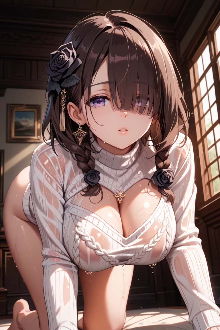 ((Correct Anatomy)),((lawyer)),((suit)),((White blouse)),((Pleated skirt),(((Black Stockings))),((((open-chest)))),((Sit on a chair)),Ultra-high resolution,Mature Woman, Mature Woman, Very detailed,Extremely fine skin,Beautiful Skin,((Sweating all over the body)),(Big Breasts),((Beautiful legs)),Perfect hands, Detailed fingers, Beautiful details, ((Long black hair)),((ponytail)),Black choker, Earrings,High heels,High rise office building,Perfect Eyes, Captivating eyes,