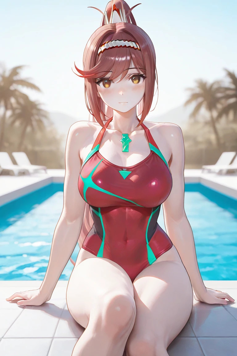 ((masterpiece)), ((best quality)), (detailed), perfect, solo, gorgeous woman with red bikini, luscious lips, long hair, huge breast, deep cleavage, huge breasts, sexy, like a busty pornstar