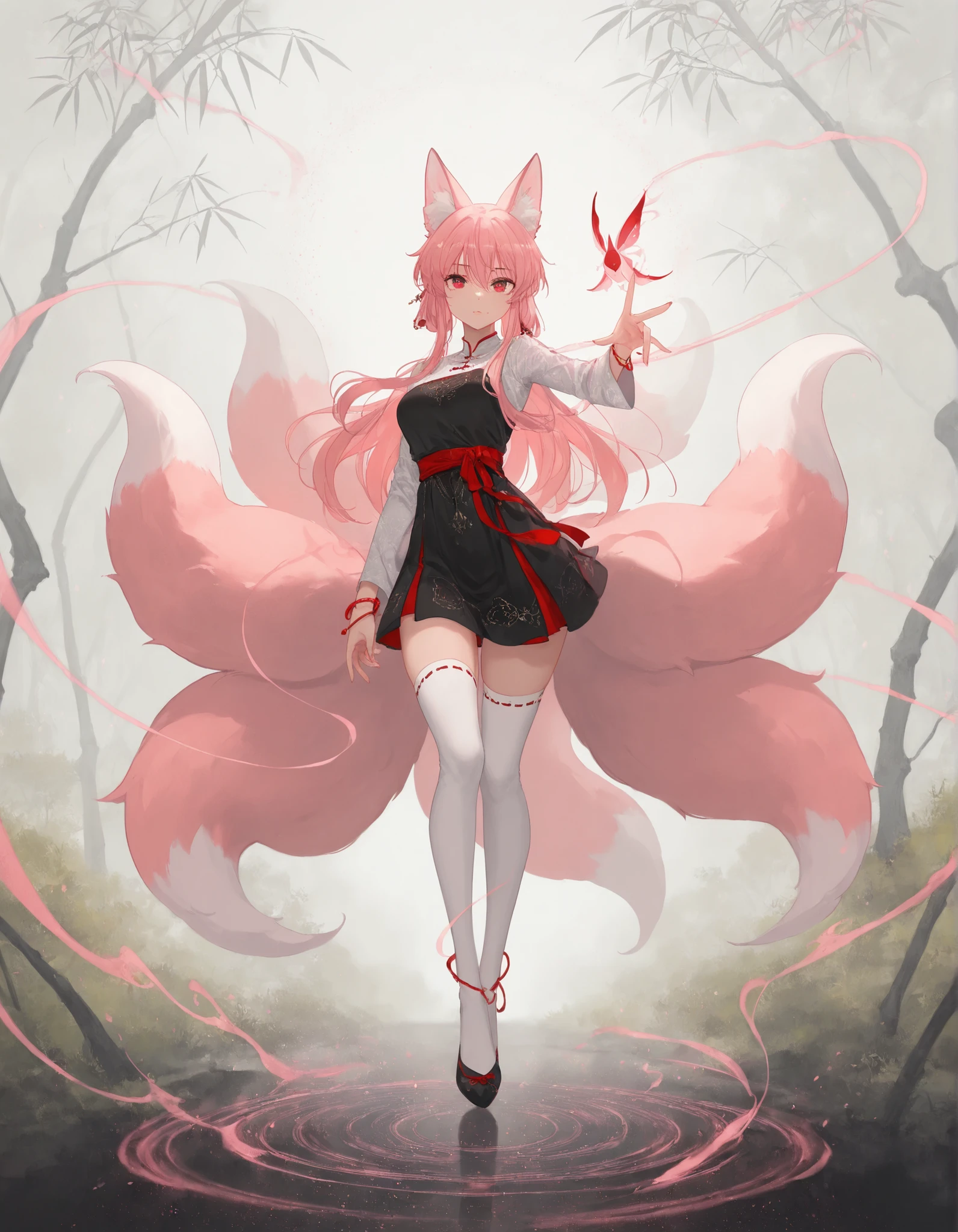 1girl,fox_spirit_attire, (illusion_mist:1.2), tail_flick, red_thread_bracelet, moonlit_bamboo_forest
,masterpiece, best quality, newest, highres, absurdres,