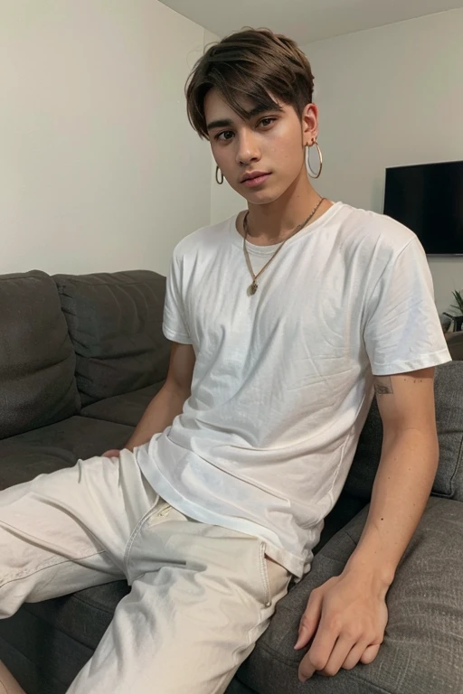 16 years Old, teenage boy, tshirt, at bed, skinny, full body