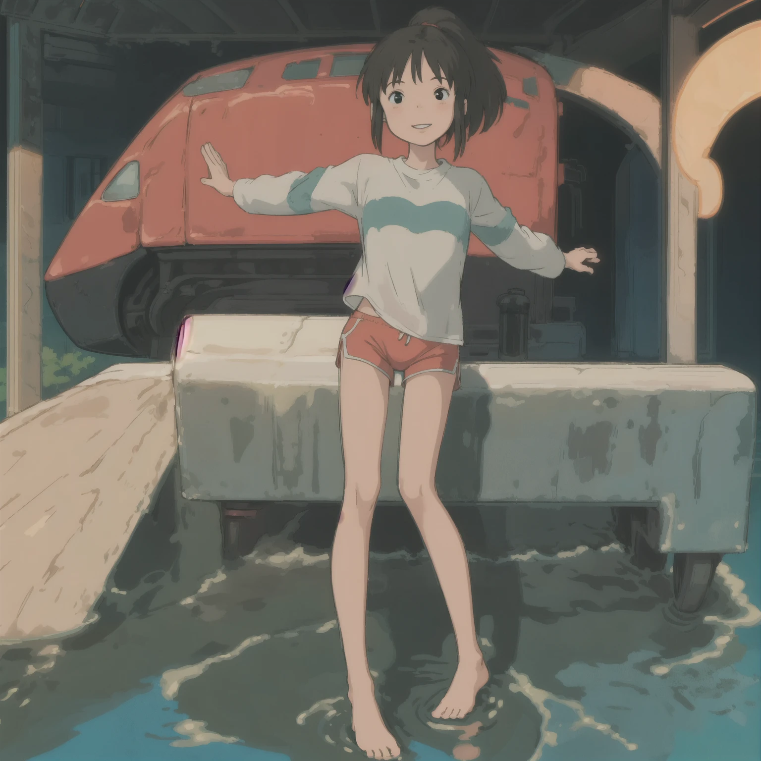 drsizukachan1, explicit, Shizuka Minamoto, (1 girl, alone, black hair, black eyes, twin tails, competition swimsuit, barefoot, looking at viewer, sitting, feet in focus, soles, toes, in top of a skyscraper, scared), nsfw, twintails