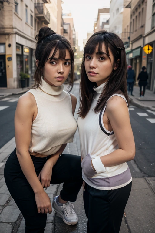 2 girls, Kendall Jenner, long hair, ponytail with bangs, running, looking at viewer, in school ground, athletic field, whole body, detailed face, skinny body, close up, wet body, body soaked in sweat, white turtleneck leotard.