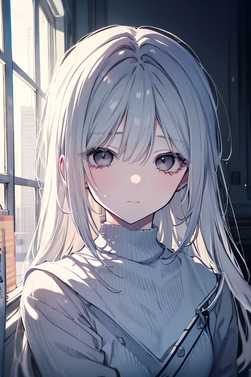 ((masterpiece:1.4, best quality:1.2)), 1girl, solo focus, beautiful skin, blush, white sweatshirt, long white hair, grey eyes, sitting, earrings, Hands on face, piercing, coffee shop window, night, snowing, cityscape, tall female, beautiful and delicate female, comfy ambience, {correct posing}, {detailed background}, I'm not wearing panties, hair over one eye, shy, Not wearing underwear
