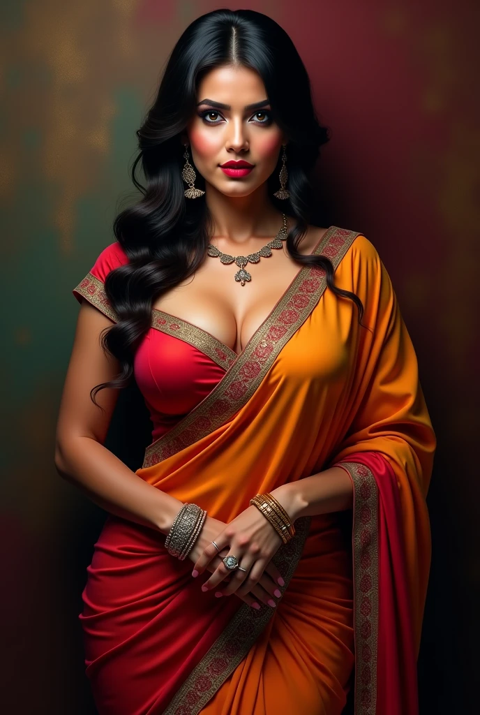 Indian nude bhabhi saree on her west big_boobies, full_body, sexcy belly, long hair 