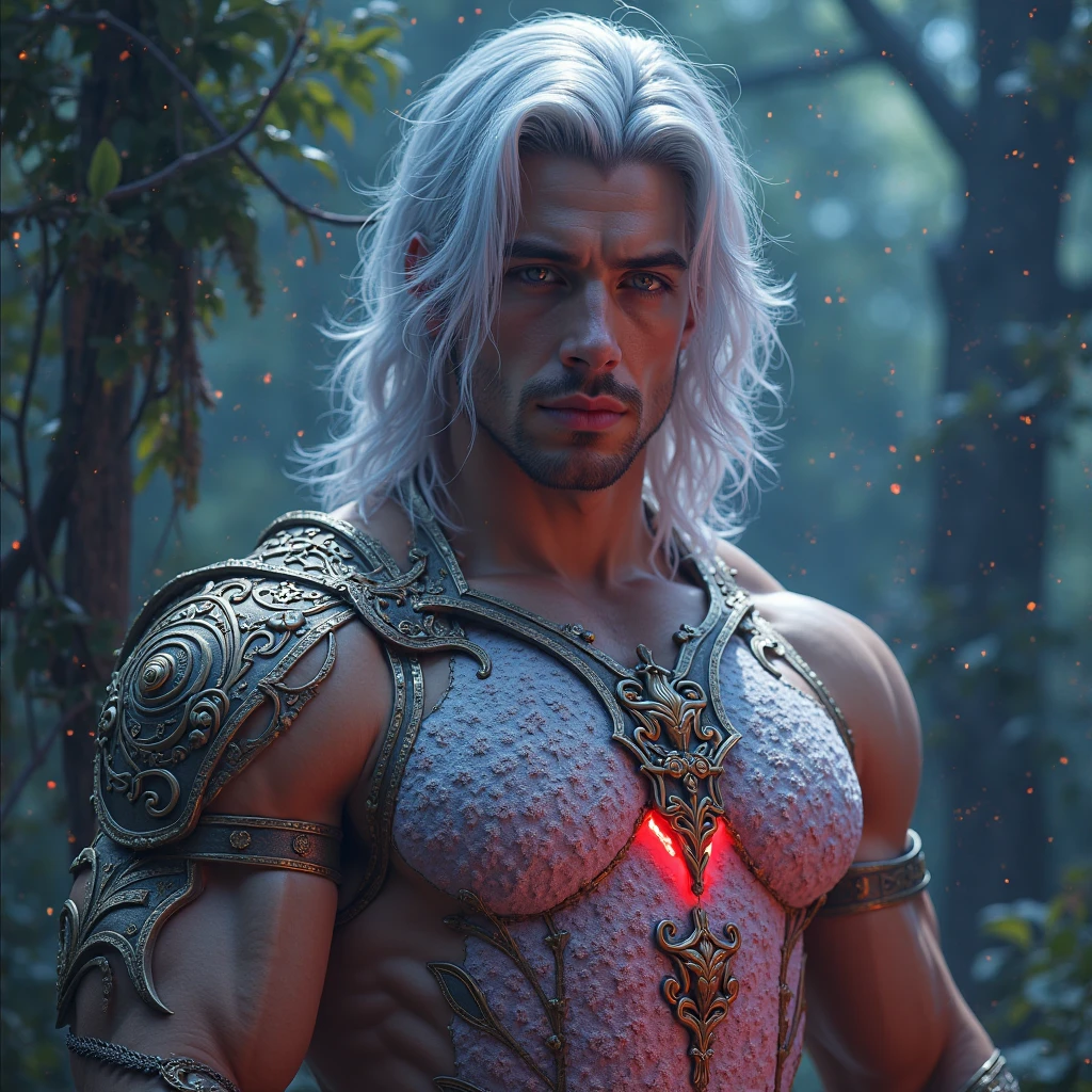 "An image of the Winter God, a formidable and majestic deity standing in the heart of the Amazon rainforest at night, during the winter season. His skin is a tropical Latin tone, glowing faintly under the cool light of the moon. His presence is powerful and otherworldly, blending the primal strength of a jungle warrior with the mystique of a divine being. His hair is stark white, cut in a precise bowl cut that frames his intense, piercing eyes. The contrast between his dark skin and his bright white hair creates a striking and ethereal appearance.

The Winter God wears a minimalistic tanga in the style of Tarzan, made from tough, woven fibers, adorned with small, icy blue crystals that shimmer faintly in the moonlight. Draped over his broad shoulders is a magnificent cape or cloak made from the vibrant blue feathers of an arara, flowing down his back like a cascade of frozen water. The feathers reflect the cold moonlight, giving them an almost metallic sheen. The cape’s edges are lined with white frost, emphasizing the coldness that surrounds him.

His muscular chest and arms are bare, showcasing intricate tribal tattoos that spiral across his torso, arms, and back, symbolizing the cycle of life, death, and renewal. Around his neck, he wears a necklace made of jaguar teeth and frosty beads, which clink softly as he moves. His wrists and ankles are adorned with bracelets of woven vines, decorated with sharp icicles that give off a faint glow. In one hand, he holds a long spear tipped with a crystal of pure ice, glistening in the darkness, while his other hand is raised slightly, as if commanding the cold winds around him.

The Winter God is captured in an epic pose, standing tall and proud, with one foot forward, as if he’s stepping toward the viewer. His gaze is direct and intense, meeting the viewer’s eyes with an expression of calm dominance and unwavering power. His white hair flows slightly in the night breeze, adding to his imposing presence. The close-up 