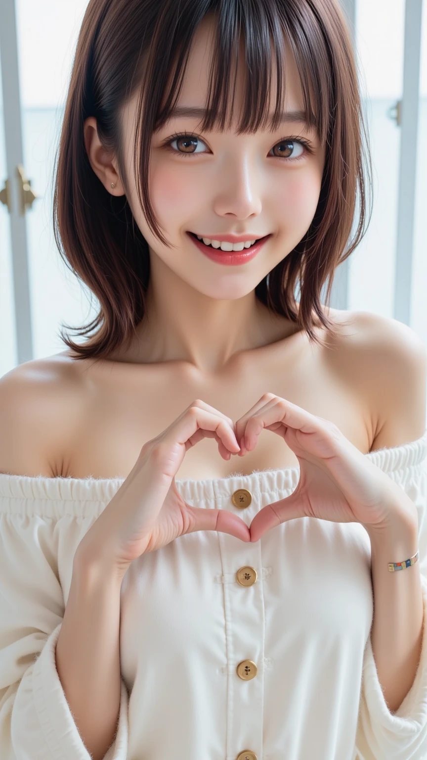 high quality, beautiful, FHD, , happy, cheerful, smiling, wink, making a heart with fingers, looking back, bob, blunt cut, shiny hair, brown hair, brown eyes, fair skin, , slim, beautiful breasts, t-shirt, cap, choker, delicate facial features, japanese idol, cute face, 20-year-old