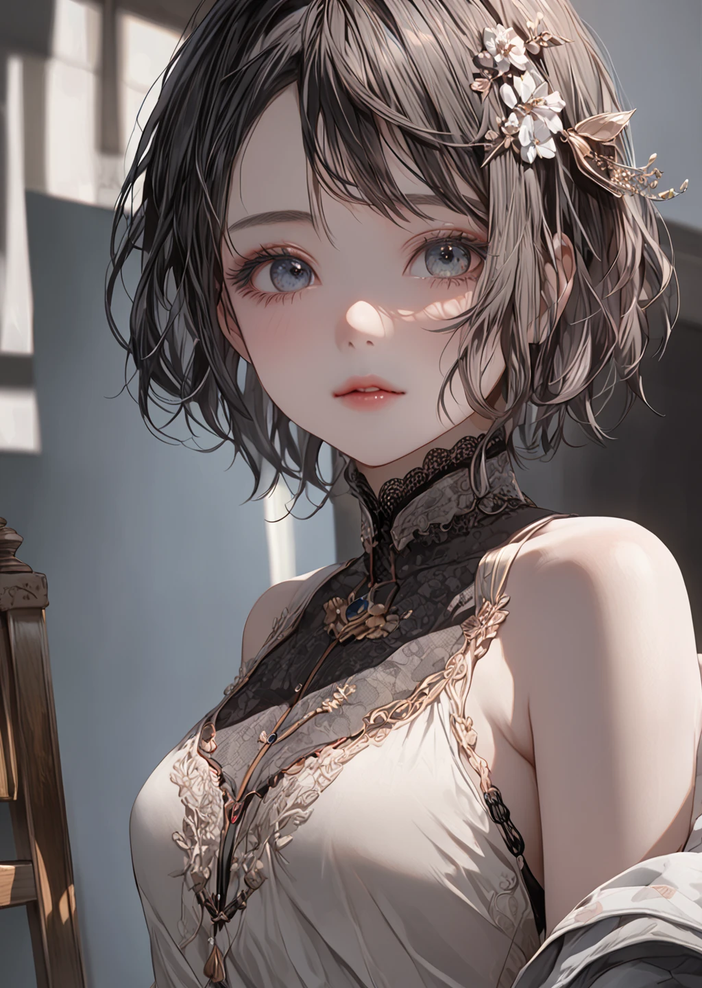 1girl in, (((shorth hair))), jugendstil,(​masterpiece, top-quality, Near and far law, depth of fields:1.5), beautiful countenance, 8k, Raw foto, HDR, Photorealsitic, film grains, chromatic abberation, hight resolution, ultra-detailliert, finely detail, 动态照明, Dramatic lighting、shadowy、extremely detailed eye and face、Round pupils、Realistic pupils、full bodyesbian、clean back ground