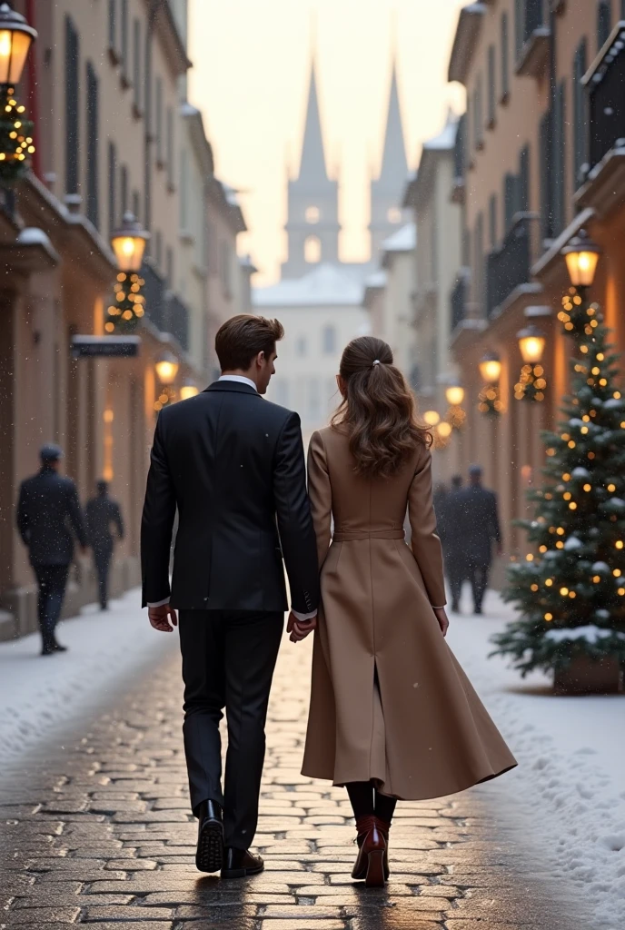 a beautiful man and woman couple, bride and groom walking away from camera, from behind, woman with long hair, blonde hair, man with dark hair, woman, holding wedding posy on a snowy bond street on winters evening, high heels, dramatic light , Rembrandt lighting scheme, (hyperrealism:1.2), (photorealistic:1.2), shot with Canon EOS 5D Mark IV, detailed face, detailed hair
