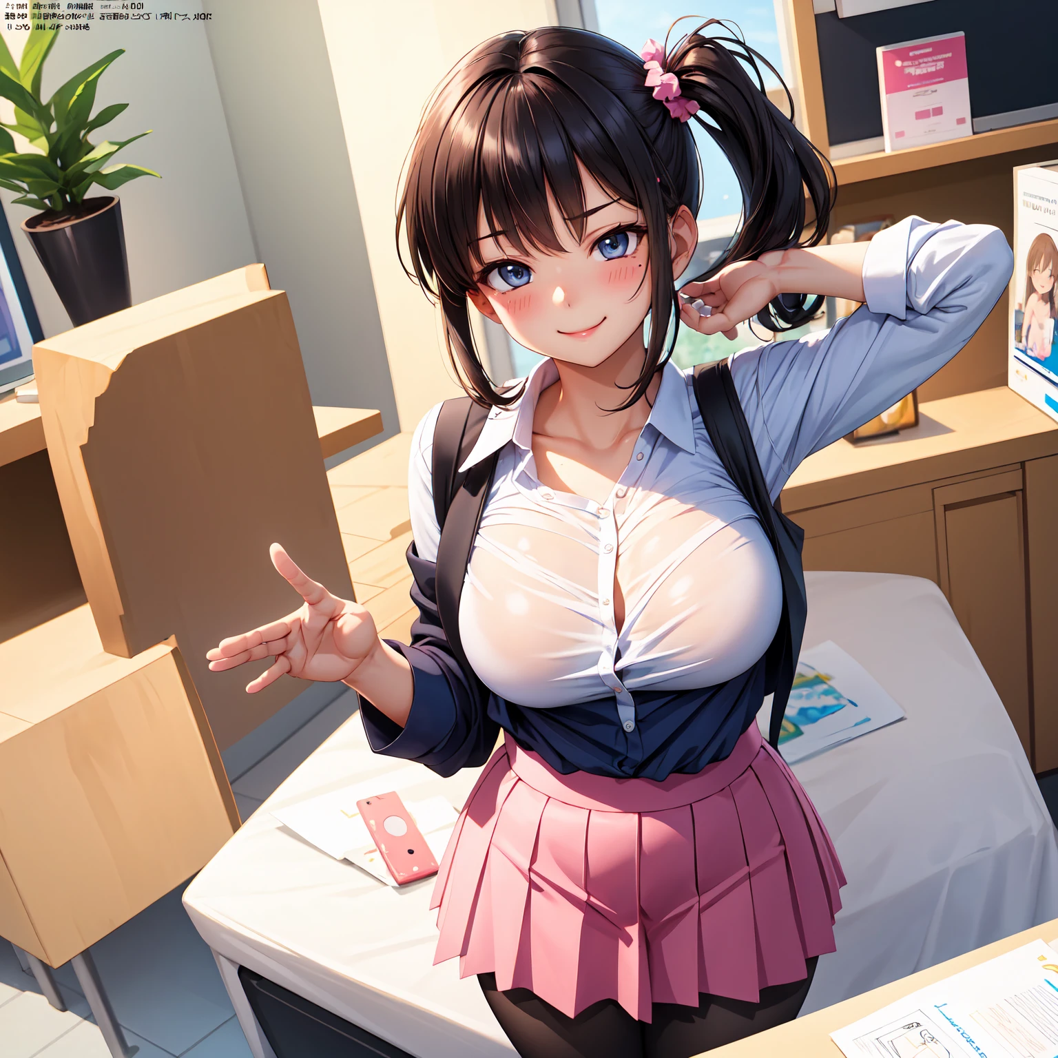 [1girl, sakura bakushin o \(umamusume\), umamusume], (goblin slayer!), (throw_hand, pink vibrator remote switch in throw_hand, throw:1.2), Highest quality, Super detailed, masterpiece, Ultra-high resolution, 8K, Ridiculous, Cowboy Shooting, Blurred, Focus on the girl, Embarrassing, blush, Lovely, Open your mouth, What saliva leaves behind, Wet skirt hem, (Sticky panties:1.1), Bulging of the vibrator cord, Vibrator with Garters, (cleavage), Classroom Background, The skirt is accidentally exposed,(large breasts), (crop top navel), (waist line), Accidentally exposed panties