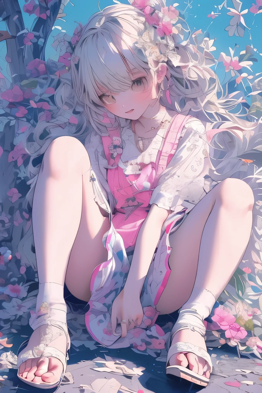 Anime girl sitting on the ground,A flower stuck in his hair, Splash art anime Loli, small curvaceous loli, Kawasi, azur lane style, wallpaper anime blue water, Loli, , Best Rated on pixiv, 《Ghost Wind Special Assault Team》The art of pixels, style of anime4 K, High Quality Anime Art Style
