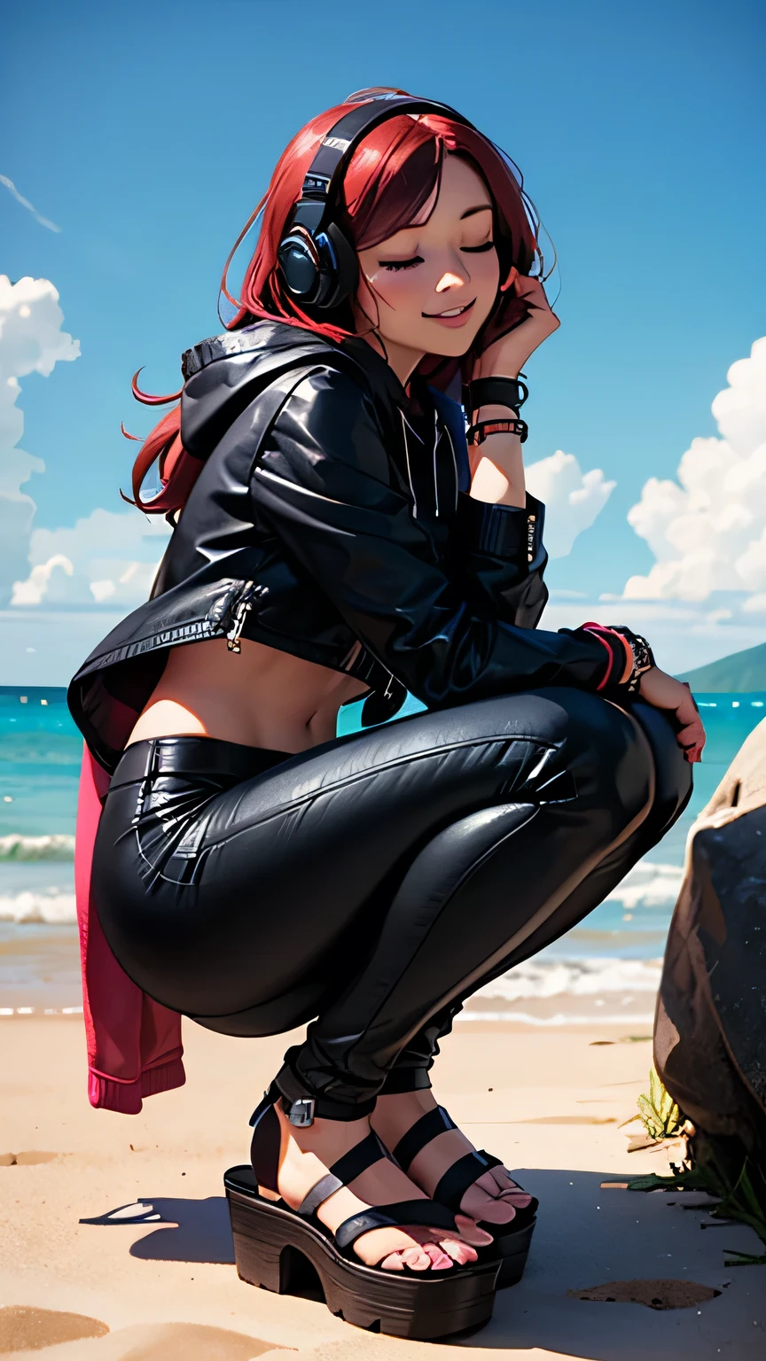 ultra realistic, photography, long red hair, girl, 24 years old, hourglass figure, perfect body, small breasts, Flirty look, extremely detailed artgerm, in the style artgerm, facing the camera, lens 35 mm, blur background, on a pavewalk near the beach, on vintage rollerskates, sport outfit