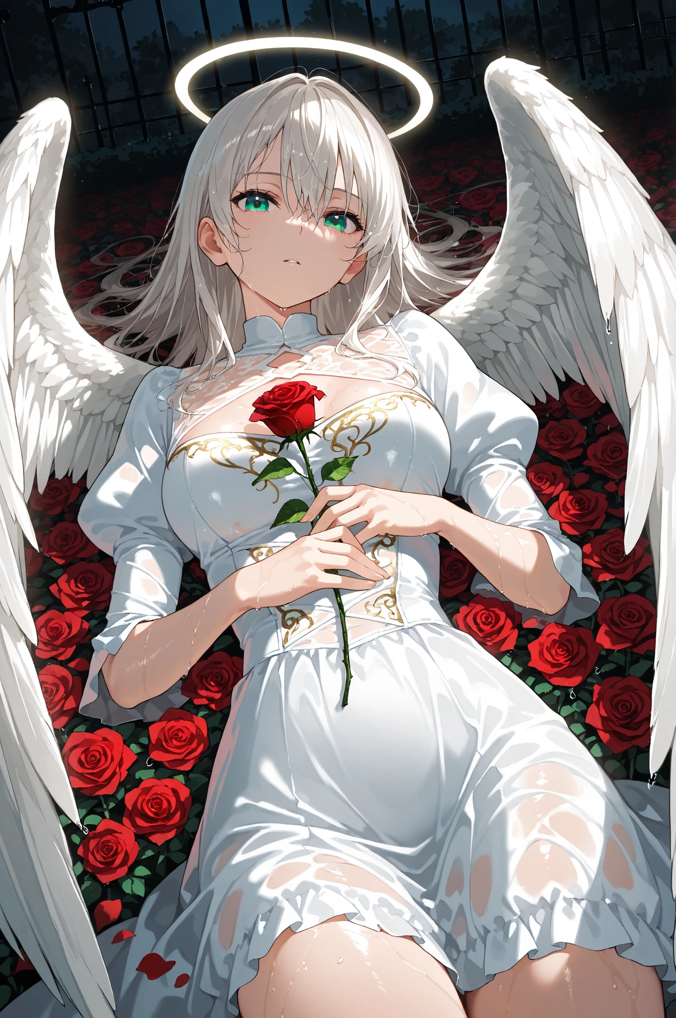 dynamic angle, cowboy shot, dramatic scene, at night, roses all over the screen, rose garden,
BREAK
(((1boy))), (solo), look at viewer, lying on a rose, wet hair, (innocent clothes), beautiful shape, slender, angel wings,
BREAK
impeccable masterpiece, superb quality, ultra-high resolution, staging of light shining through, dramatic shading, light source based on precise calculations