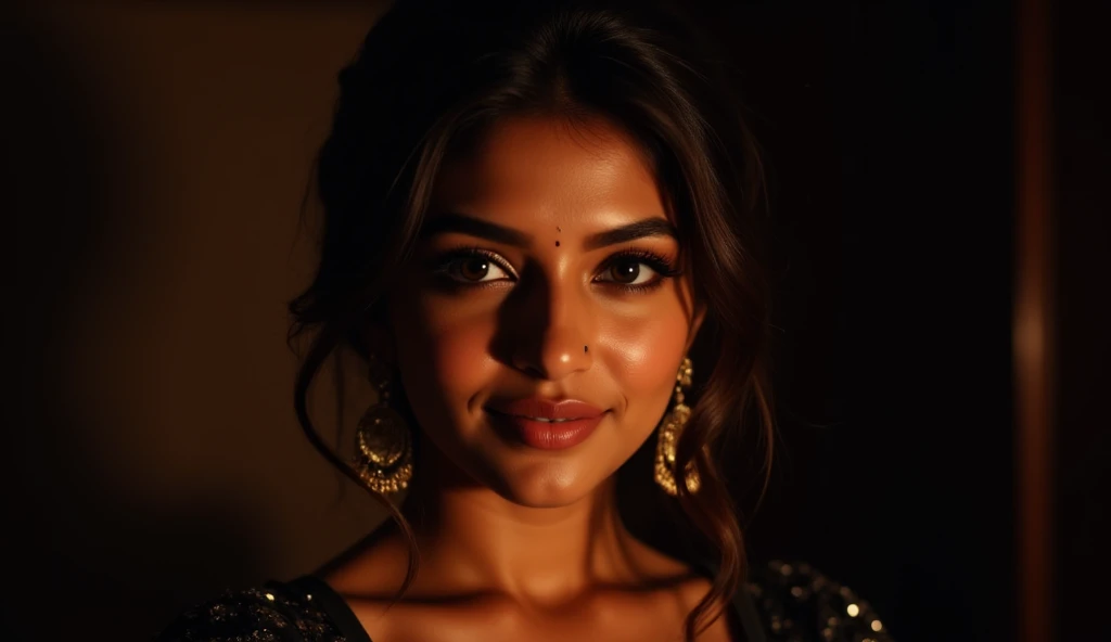 Highres close up portrait photo of a woman, rakul preet singh, long straight hair, wearing (marathi_saree:1.2), night time,  ornate Indian jewelry, cinematic lighting,  background of city lights in beautiful bokeh <lora:Rakul_Preet _Singh_SDXL_LoRA:1>