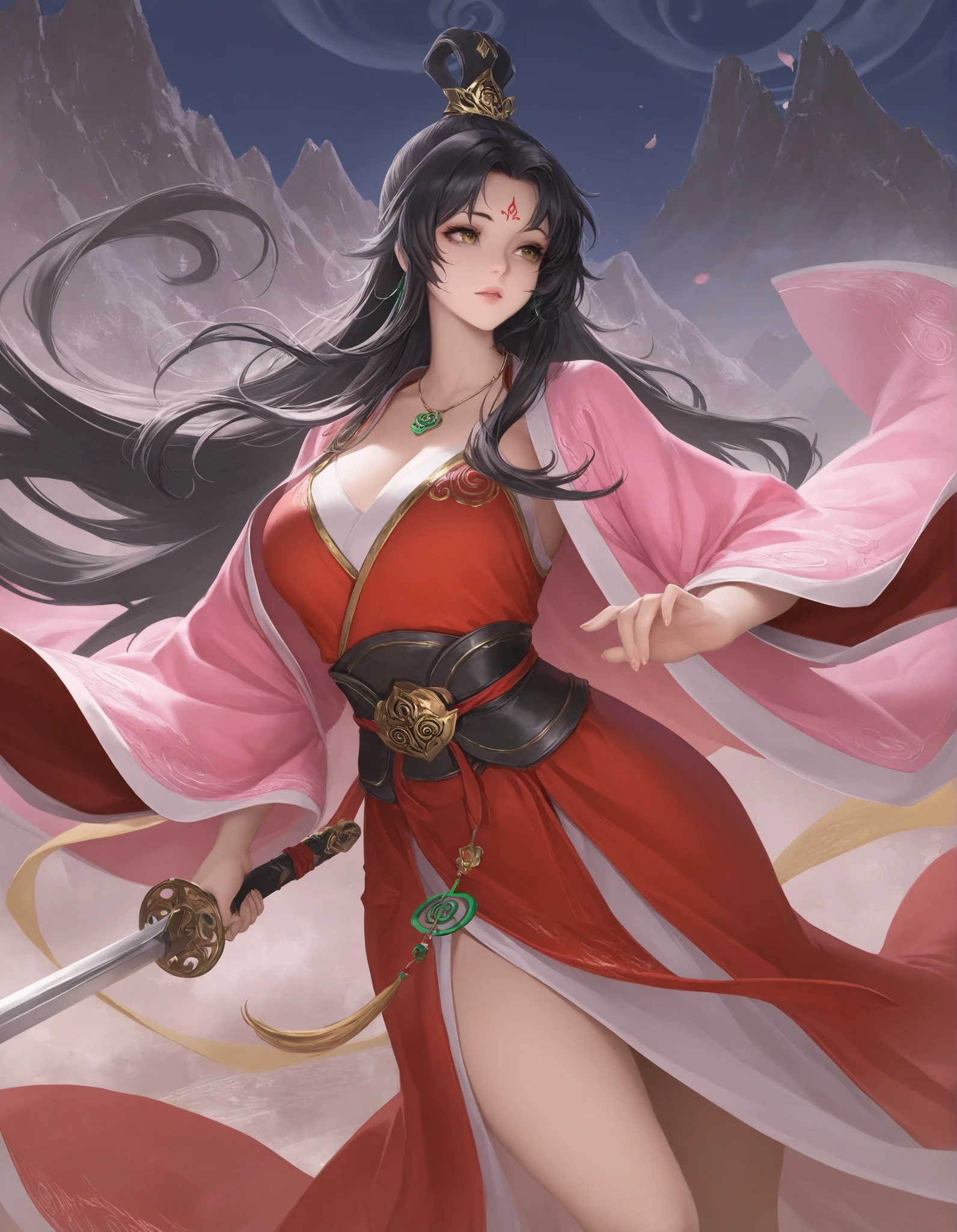 NSFW, obra-prima, melhor qualidade, ultra-detalhado, semi-realista, detailedfacialfeatures, 2 mulheres maduras, vestindo roupas antigas wuxia hanfu, cabelos brancos,longos,Olhos vermelhos,demon horns on the head,muito bonita,cor da roupa vermelha escuro,seios grandes,demon tail, voluptuoso,mulher guerreira, standing arrogantly holding a majestic sword with the red blade,Perto da Seita
