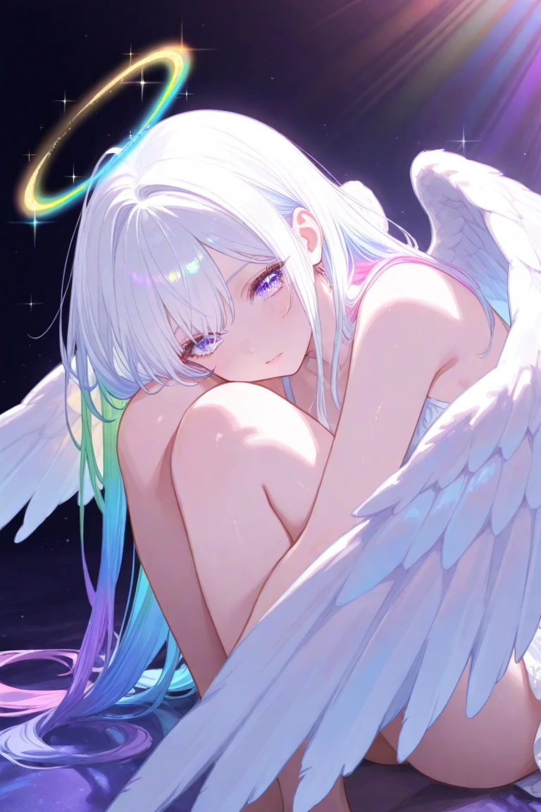 the anime of a white angel girl in between a purple star and clouds with an earthy color palette, sharp teeth, wings, 1girl, solo, teeth, jewelry, long hair, ahoge, crescent, halo, star (symbol), star (sky), purple eyes, bad teeth alignment, angel wings on the back, very white skinned girl, girl with double teeth, girl with very straight hair, Numerous constellations tattooed on naked body, angel girl, teeth are jagged, Full of constellation tattoos, wearing boots, sharp teeth, Completely naked and covered in star tattoos