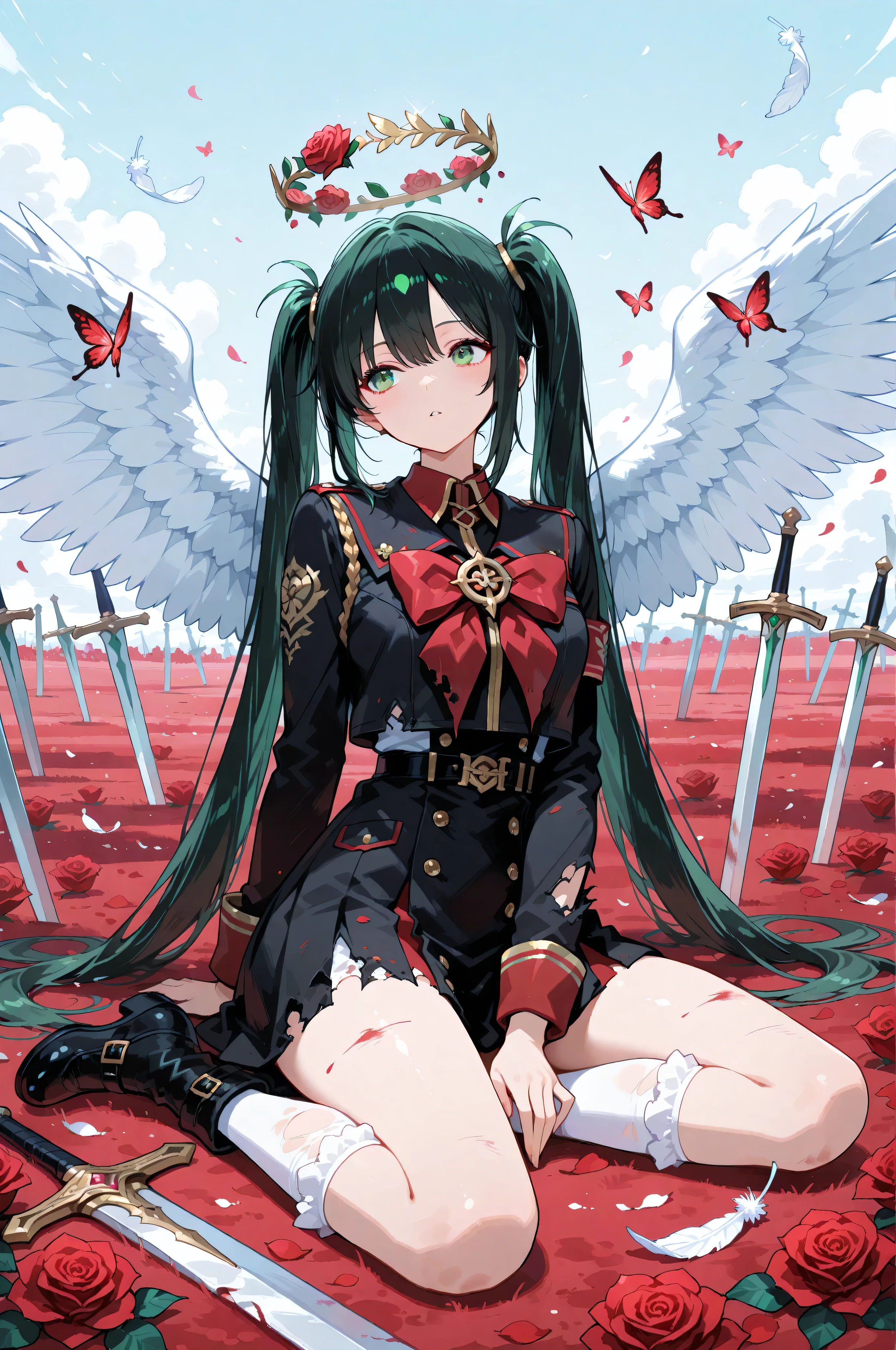 A single girl with long black twin tails adorned with soft red butterfly ribbons, sitting relaxed on the ground of a battlefield, her sword resting casually at her side. She wears a striking red rose-themed military uniform, the fabric detailed with subtle floral patterns. Her green eyes gaze upward as she takes a deep breath, surrounded by scattered red roses that contrast against the dim, moody air of the war-torn scene. Behind her, the Rose Angel emerges—large, ethereal angel wings unfurl majestically, their feathers shimmering faintly with a divine glow. Roses swirl and bloom in the air behind her, cascading down like a floral halo. The background is a simple, stark white, making the character and her angelic rose motif stand out vividly.