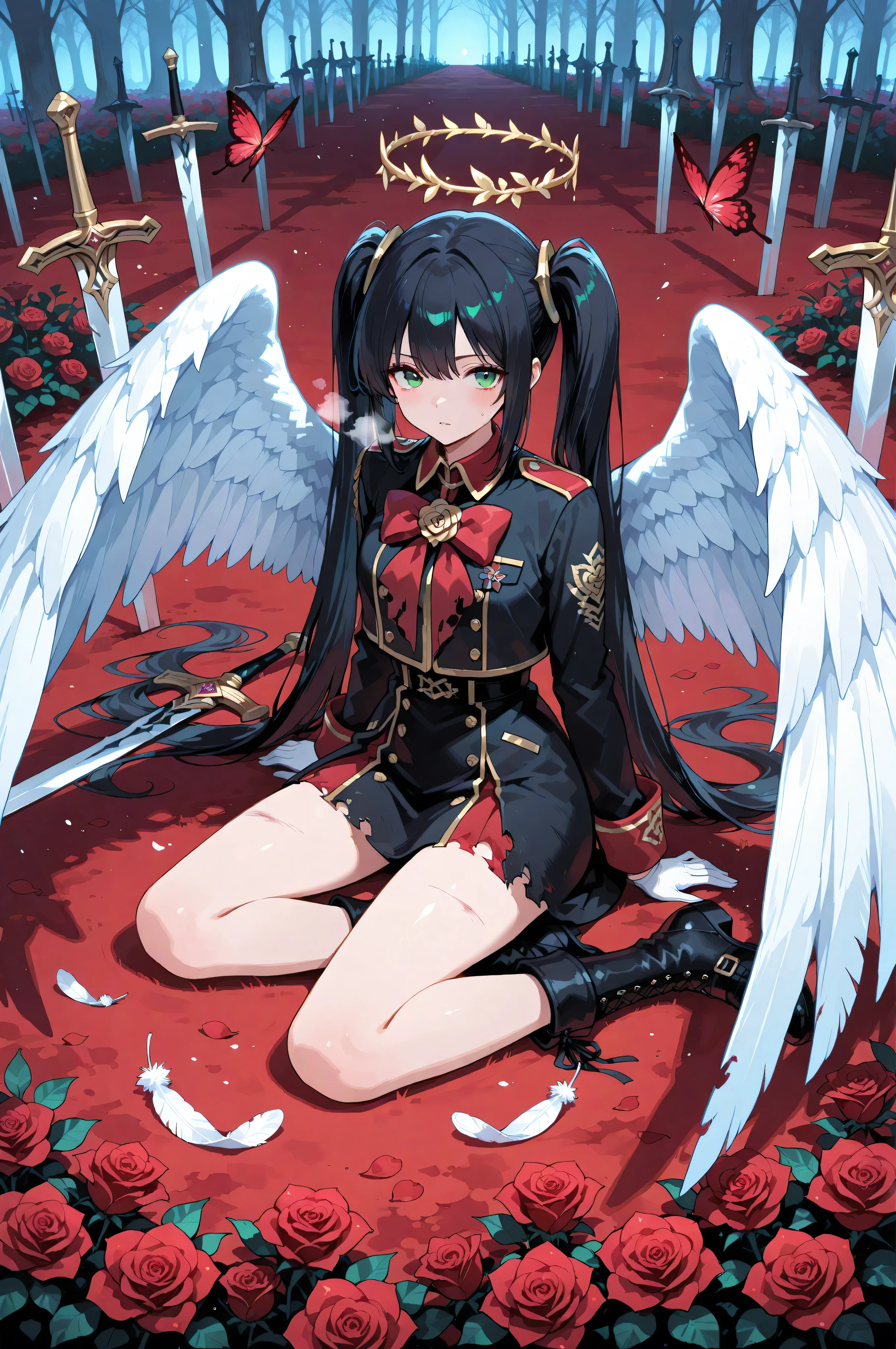 A single girl with long black twin tails adorned with soft red butterfly ribbons, sitting relaxed on the ground of a battlefield, her sword resting casually at her side. She wears a striking red rose-themed military uniform, the fabric detailed with subtle floral patterns. Her green eyes gaze upward as she takes a deep breath, surrounded by scattered red roses that contrast against the dim, moody air of the war-torn scene. Behind her, the Rose Angel emerges—large, ethereal angel wings unfurl majestically, their feathers shimmering faintly with a divine glow. Roses swirl and bloom in the air behind her, cascading down like a floral halo. The background is a simple, stark white, making the character and her angelic rose motif stand out vividly.