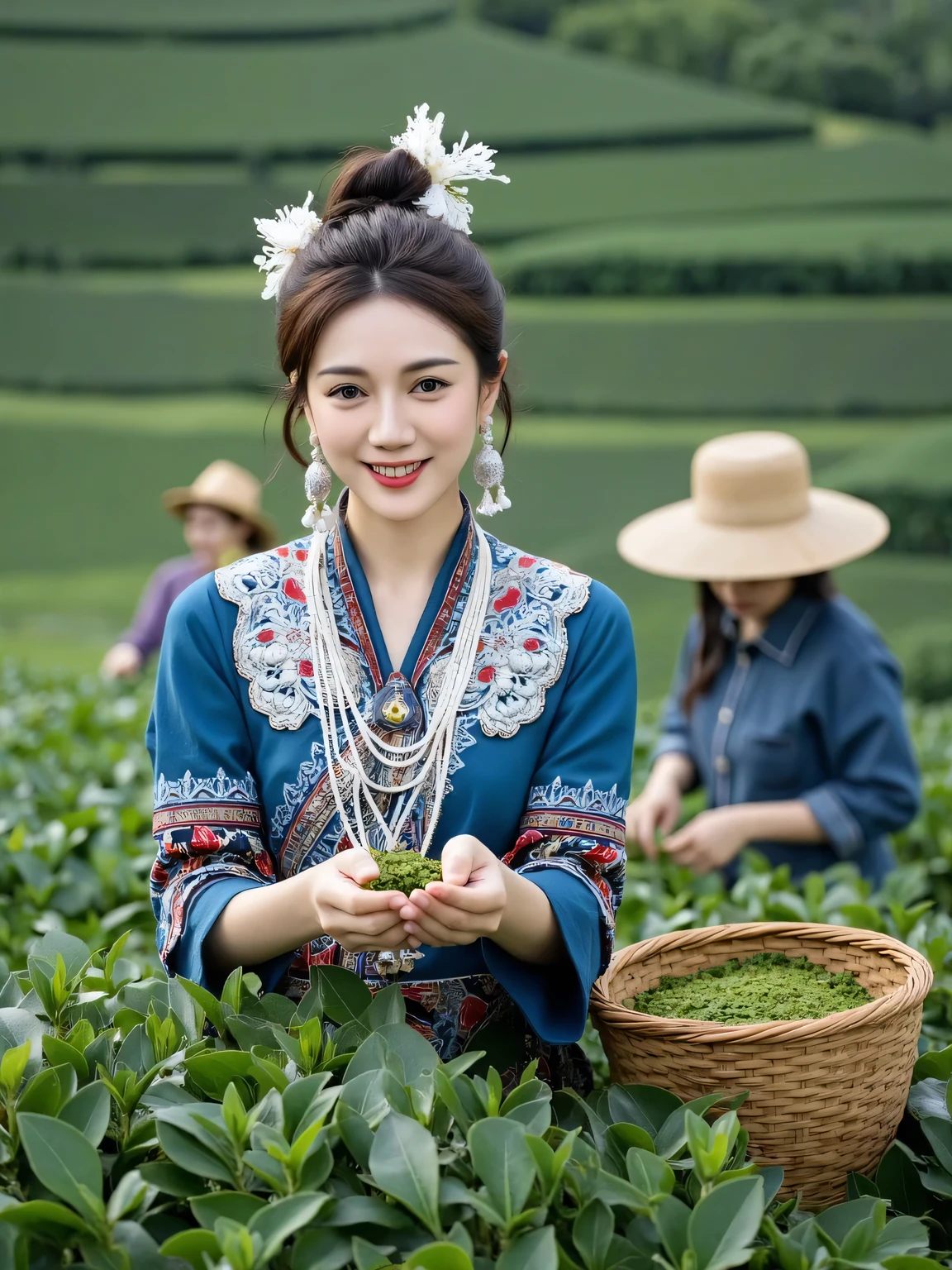 "A beautiful young woman pixie short haircut style dressed in traditional ethnic attire stands in a lush green tea plantation, holding freshly picked tea leaves in her hands. She wears an intricate blue and floral-patterned outfit adorned with silver jewelry, including dangling earrings and a layered necklace. Her hair is styled in an elegant updo, decorated with delicate white flowers. She smiles warmly, exuding grace and charm. In the background, other tea pickers wearing straw hats and traditional clothing are seen working among the vibrant tea plants. The rolling hills of the plantation stretch into the distance, creating a serene and culturally rich atmosphere."
