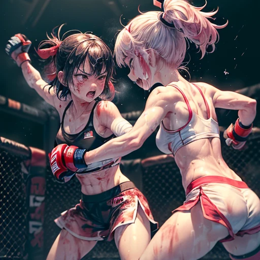 two persons. Drenched in sweat and covered in bruises, she is in a mixed martial arts ring against a female fighter. her opponent strong female fighter is kicking into her poor belly. One eye closed and mouth open, she is gasping for breath and drooling. She is a cute Japanese high school girl with short-cut black hair. She is wearing a sports bra, high-leg shorts, and open-finger gloves. Small breasts, poor belly, slender body, poor body. erect nipples.