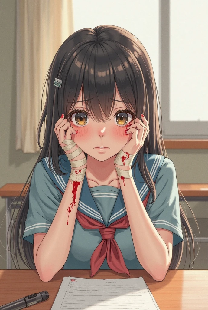 Japanese age girl in school uniform crying and there is blood splash on her face ,HD,4k,realistic,afternoon,Full Body Angle, school warehouse background, face looking at the camera with glassy eyes and shedding tears