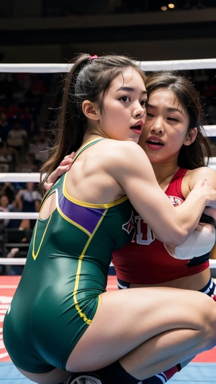 ((Highest quality)), ((masterpiece)), Real,Japanese,uniform,volleyball,slim,Beauty,A male wrestler attacks a girl from behind,Girl's look of distress,incontinence