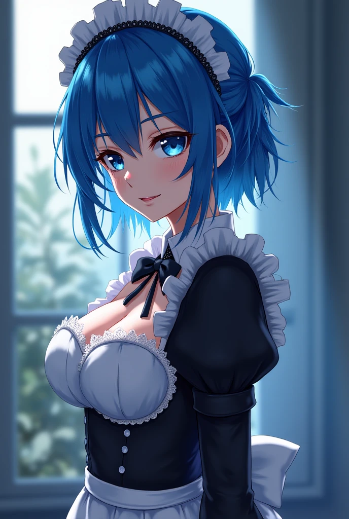 highquality illustration, masterpiece, very delicate and beautiful, 1 girl, bob hair, (full body:1.5), seductive smile, (huge breasts:1.5), cleavage, ((maid, maid clothes)), ((lingerie)), wet skin, choker, sky blue hair, sky blue eyes, (detailed eyes:1.5, shining eyes), beautiful eyes, (masterpiece, best quality:1.2)