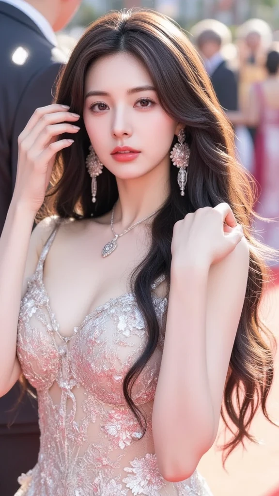 High-quality work，Realistic works，Super premium graphics，8K HD CG works，high quality graphics，High-definition and exquisite CG works，10x pixels，Ultra-fine details：1.1，Advanced technical details：1.1Realistic photo effects，Interior lighting effects：1.5，natural soft light：1.5. Light effect（Virtual light effects：1.8），Ultra-high resolution，shining dress，sliver long hair，silber hair，transparenthair，high detailed hair（Quality hair details：1.1）Clear eyes，Double eyelids look good，Sharp eye makeup, Create exquisite eyelash makeup, tthin eyebrows, Ultra-detailed eyes，a tall nose, lovely red lips, rosey cheeks, With delicate makeup on her face , pretty face, The face shape is perfectly proportioned,（Advanced facial details：1.1） (highest quality、8K、best image quality、Award-winning work)、(one young girl, 14 years old:1.3)、(red eyeshadow:1.2)、perfect makeup、long eyelashes、Super high-definition sparkling eyes、ultra high definition hair、ultra high resolution glossy lips、Super high resolution perfect teeth、Super high resolution cute face、brown hair、(very long straight hair:1.1)、look at me and smile、[clavicle]、accurate anatomy、(black background:1.5)、(((professional lighting:1.5)))、Super high-resolution glossy and moisturized face、Super high resolution glowing skin、most detailed face、Ultra high resolution detailed faces、ultra high resolution hair、Super high resolution sparkling eyes、Beautiful face drawn in every detail、Super high resolution glossy red lips、(((Fashionable necklace 1.5)))、(((full nude 1.5)))、(Photo up to the chest)、hair blowing in the wind、elegant dress、(((Holding a red rose 1.4))) ，Women's artwork，Dress full body video，Reality，Amazing Cleavage，My eyes are very bright today
