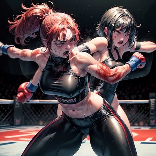 they are covered in (blood) and (bruises). , (Intense violence). A fierce exchange of (dynamic punches and kicks). they are striking each other so hard. extreme (survival battle). they are glaring at each other. her face is distorted by opponent's attack. they are (beating) each other so hard. (bloody) beautiful Japanese female fighters are fighting in the octagon fighting ring of underground arena with audience. whole body picture. they are damaged terribry. Short-cut black hair, out of breath, drooling from mouth, one eye is closed, exhausted, drenched in sweat. Erect nipples. open finger glove. sports-bra, high-leg panty, Stockings. armwarmers. small breasts, Whittled waistline, muscular, sixpack abs