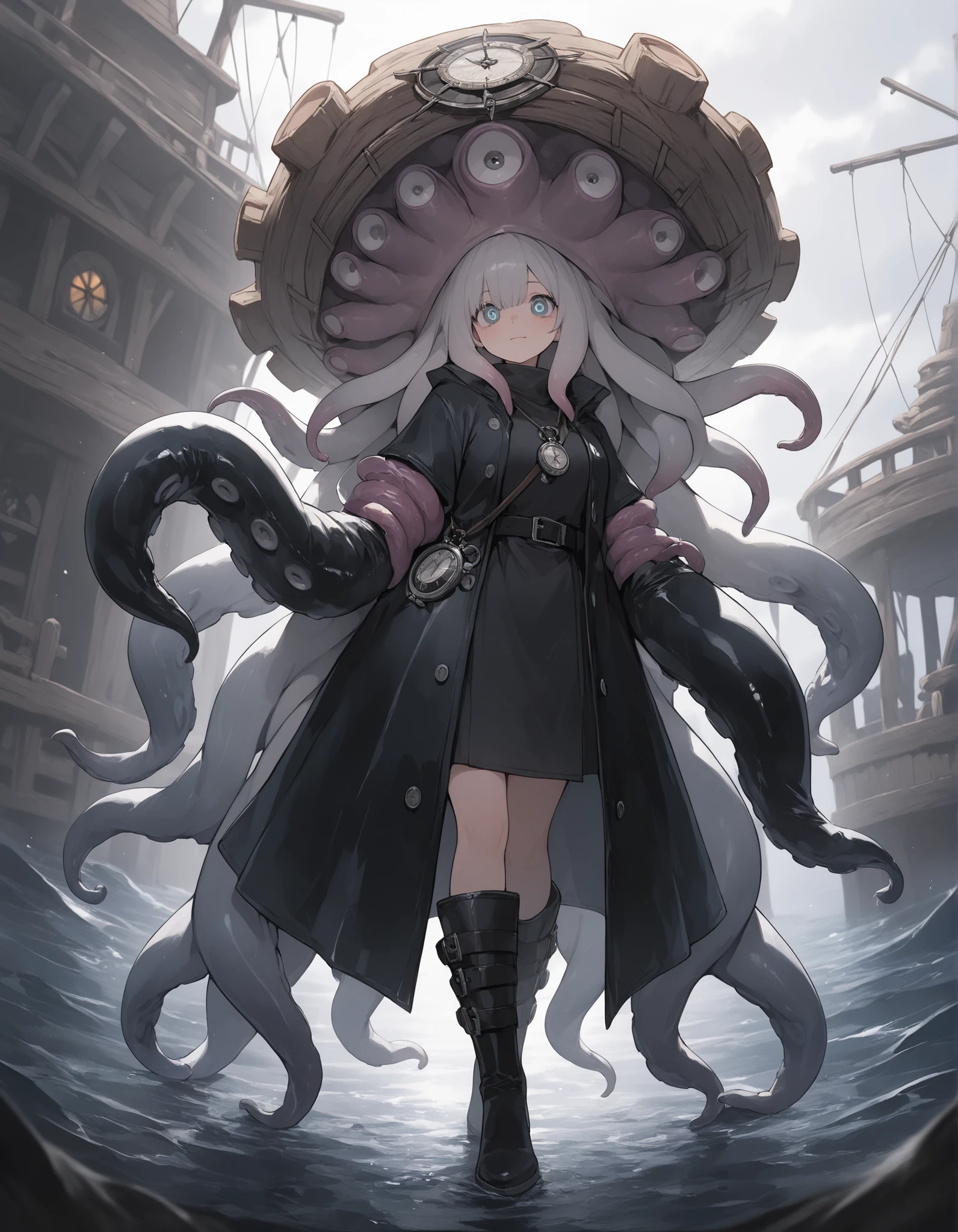 1girl,kraken_ink_coat, (tentacle_sleeve:1.4), compass_eye, barnacle_boots, ghost_ship_cabin
,masterpiece, best quality, newest, highres, absurdres,