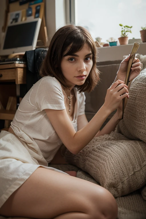 Wearing sexy pajamas, graceful figure, coquettish, study room, sofa, random enchanting movements, facing the camera, imaginative, first love