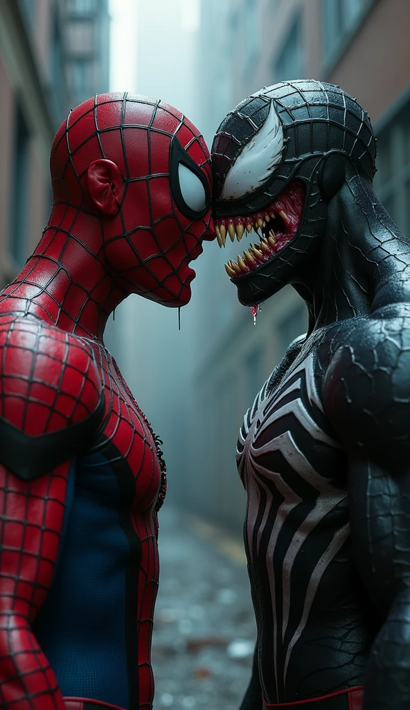 Imagine Tom Holland's Spider-Man, dressed in his new suit, looking at your reflection in a window or mirror. However, Instead of seeing his usual outfit, The reflection shows a version of himself completely covered by the Venom symbiote.. The symbiote envelops its body in a dark black, with white details protruding from the hands and the spider symbol on his chest. Spider-Man's suit eyes are now sharper and more menacing, and a feeling of unease seems to emanate from the reflection. The image captures Peter Parker's moment of confusion and fear as he realizes what could be happening.