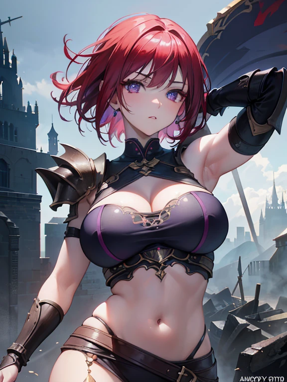 ((best quality)), ((masterpiece)), (detailed), perfect face, Highly detailed face, detailed eyes, (looking at viewer:1.2), (red hair), bangs, ((hair over shoulder)), floating hair, raccoon ears, The armor worn by medieval Western knights, the shiny design, the toned waist, the emphasized chest, the fantasy novels, the powerful gaze, Hair ornaments, jewels, diamonds, rubies, sapphires, emeralds