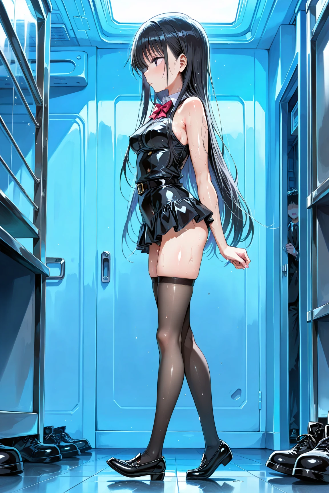 solo, 15 years old girl standing in school, (dark blue one-piece), very short skirt, black thighhighs, BREAK, black hair, black eyes, (bouncing large breasts), (swinging back), arms behind back, BREAK, nose blush, embarrassed, (nsfw:1.0), orgasm, (show off wet crotch), (squirting out excessive pussy juice:1:2)