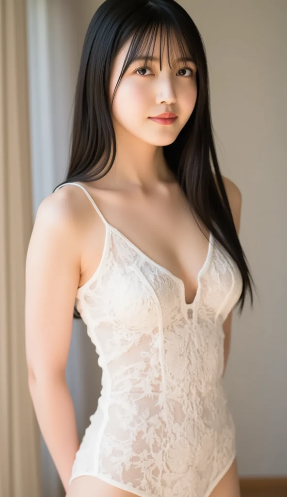 ((1 girl)), Very beautiful Japanese idol portraits, (RAW Photos, Highest quality), (Realistic, Realistic:1.4), (masterpiece), Very delicate and beautiful, Very detailed, 2k wallpaper, wonderful, finely, Very detailed CG Unity 8K 壁紙, Very detailed, High resolution, Soft Light, Beautiful detailed girl, Very detailed目と顔, Beautiful and detailed nose, finelyて美しい目, Cinema Lighting, (Simple light color background:1.3), (Long Hair), (Parted bangs), Complete Anatomy, Slender body, Small breasts, smile, ((Full body shot)), ((banker)), (White chemise),(Panty lines),Sexy pose,Vibrant,((secretary)),Slender,Long legs,(White long slip skirt),((race)),satin,