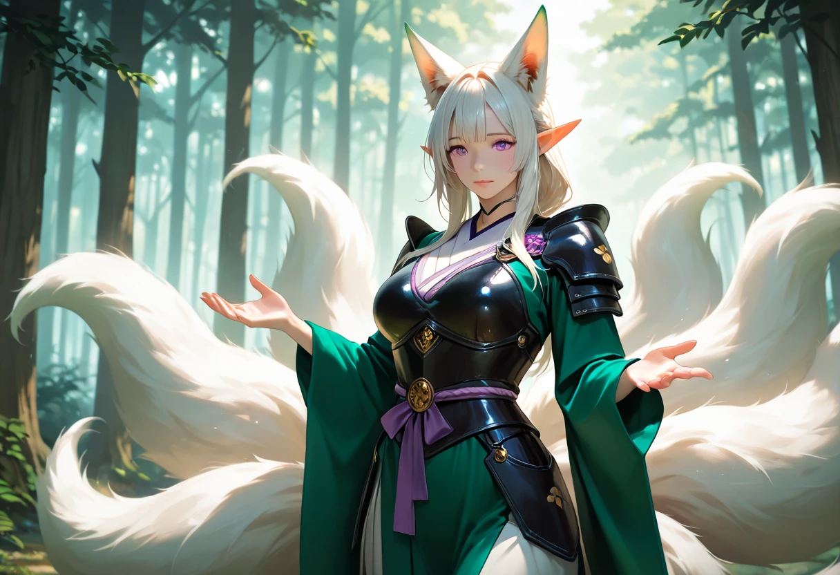 A drawing of a 40 years old kitsuneElf with long white hairs that hide her ears she wears a kimono, open hands, purple eyes, animal ears,european face, fox ears,"long orange fox ears with black tips", long elf ears, kemonomimi mode,tail emanating(9 tails fox),medium breast,fully clothed, forest background, beautifull green forest,beautiful female warrior, black armor ,bioluminescent, semi-realistic,Masterpiece, newest, high contrast, very aesthetic, vibrant, mature female