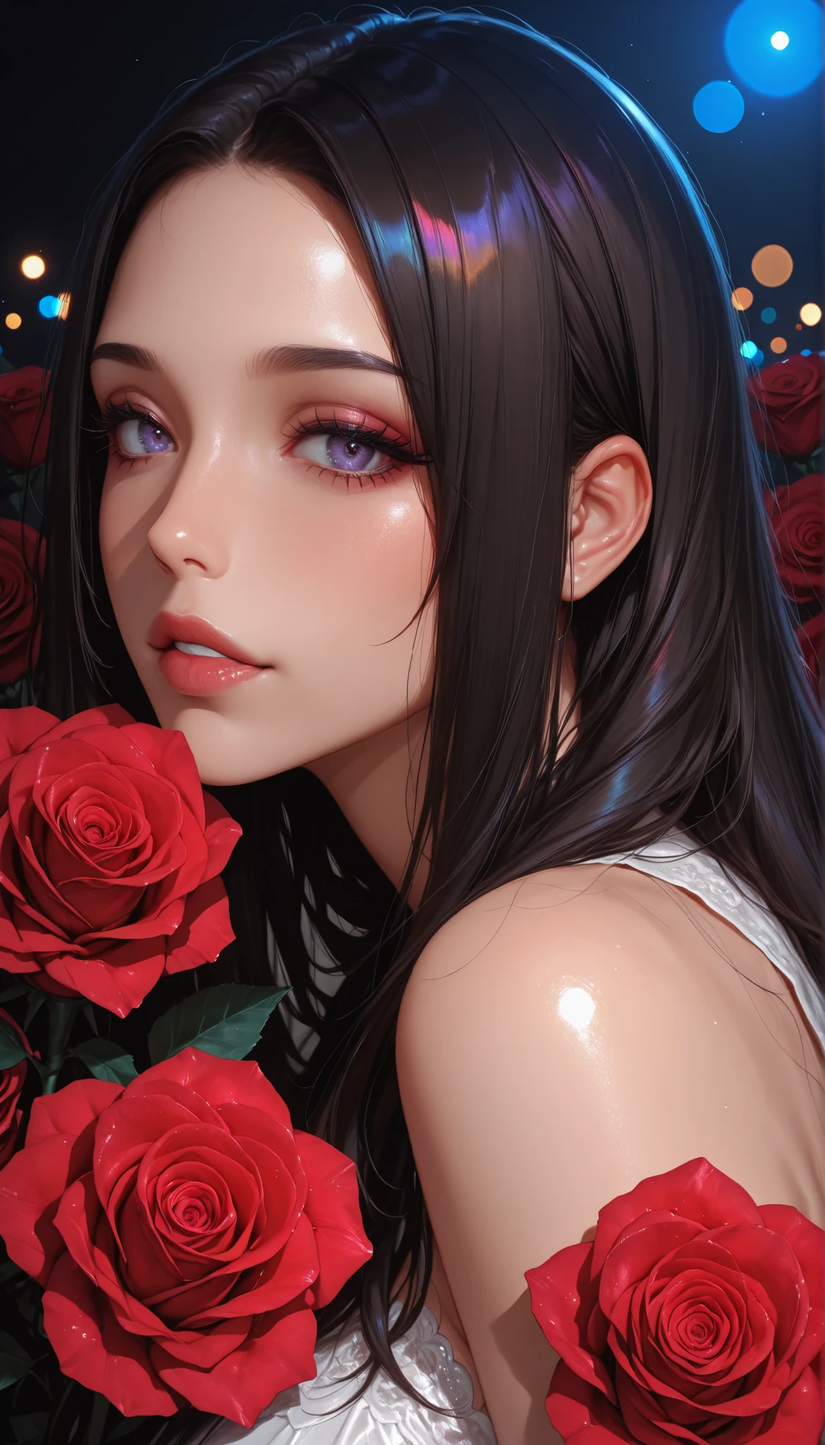 Beautiful Angel Portraits Surrounded by Roses, Roses on one side, Surrounding roses, sexy young dark-haired woman, closeup shot, laughs, 4K high definition, Photographic Realism, HDR, Studio Lighting, Deep Focus, professional, vivid colors, bokeh effects