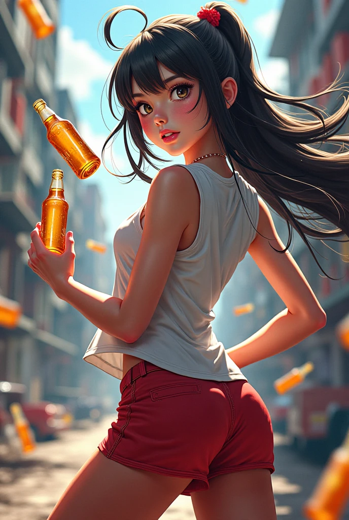 Best quality, realistic, award-winning illustration, (complicated detail: 1.2), (fine detail), (complicated detail), (cinematic lights, best quality), sharp lines, sharp focus, official art, 16k, A thin woman smiling, short and soft black hair, messy hair, wearing lipstick, black and orange cap, splash graphite background, splash dulce de leche, holding a huge can of candy open, a young skinny boss,  black apron with orange, wearing jeans, character design by Tibor Czorba, winner of the contest behance, les nabis, behance hd, studio photography, 16k, white background. --auto --s2