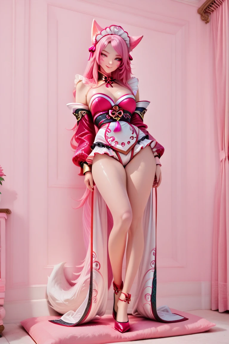 teenager, standing pose, dragon tail, dragon scale on hands and feet, dragon horns, Chinese dress, Chinese dress modified to reveal belly button, white color scheme, pink highlights, long hair, pink hair, wide eyes, pink eyes, closed mouth, smile, imperial palace, towering pagodas, cherry blossom trees, red lanterns, stone dragon statues, golden accents, misty mountain backdrop, serene pond, jade green foliage, from back, showing ass