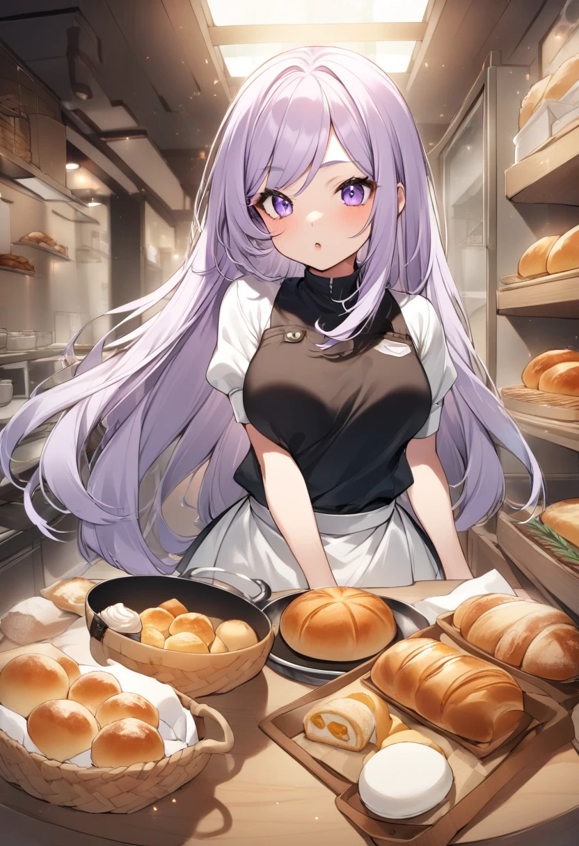 ((masterpiece, best quality, highres, UHD, perfect pixel, depth of field, 8k, RTX, HDR)), BREAK, 1girl, single, solo, beautiful anime girl, beautiful artstyle, anime character, ((long hair, grey hair)), (purple:1.4, rounded eyes, beautiful eyelashes, realistic eyes),big breast, without clothes wearing only a white apron, covered in sweat, blushing, with a smile, BREAK, holding a bitten bread in the hand, sexy pose in a pastry shop with shelves with a lot of bread.