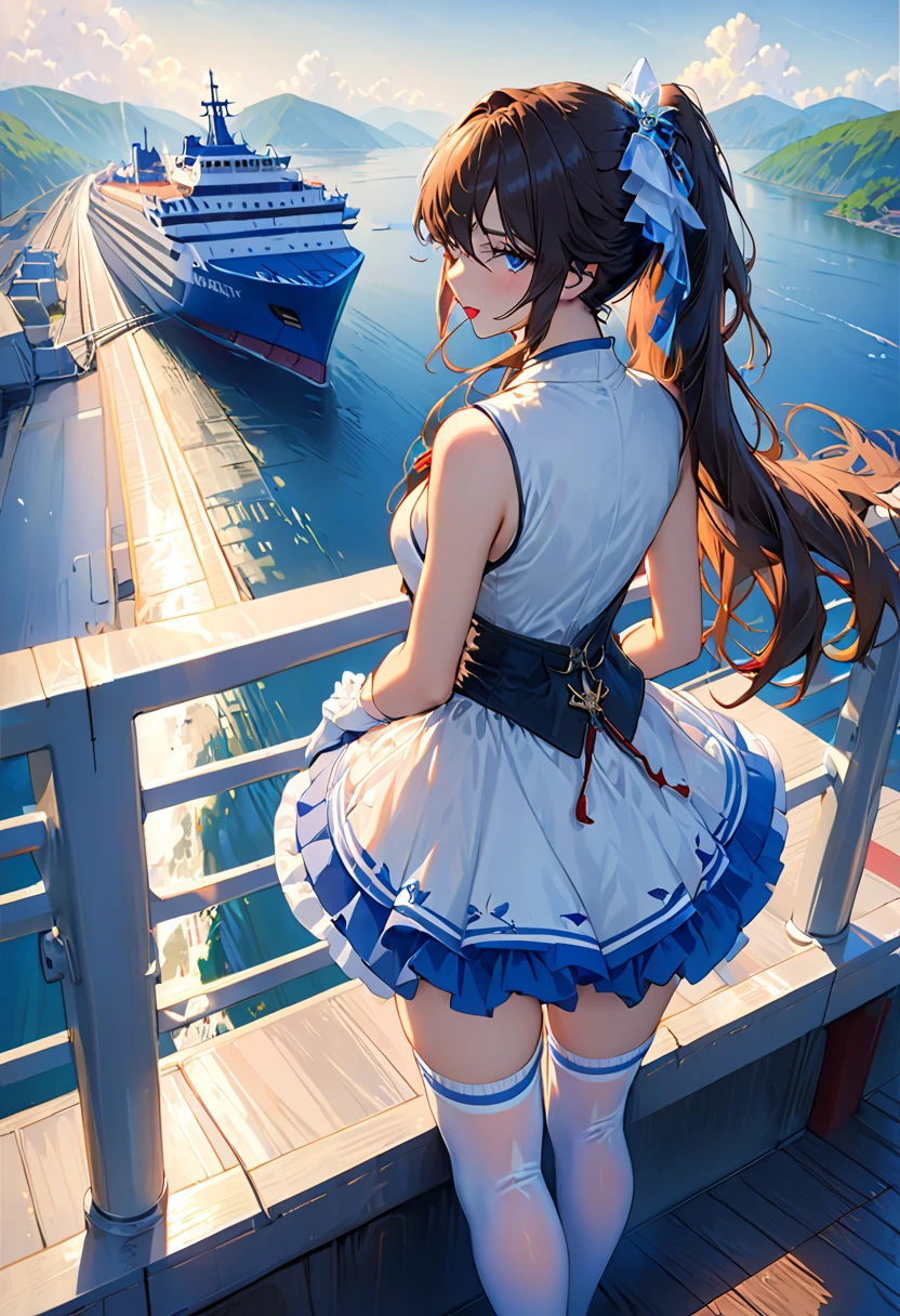 ((highest quality)), ((masterpiece)), ((One girl)), alone, ferry, ((Long Hair)), ferryBase, ((Knee socks)), Exposing shoulders, ((jewelry)), ((No sleeve)), White Dress, Blue Skirt, ((gloves)), Up to the thighs, From behind.