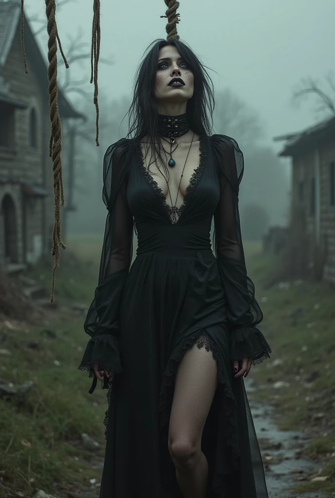 arafed woman in a black dress with short messy wavy black hair and a necklace, promotional still, anya taylor - joy vampire queen, artstyle tom bagshaw, beautiful female vampire, carmilla vampire, portrait of a young witch, vampire fashion, samara weaving vampire, tom bagshaw weta studio, with red hair, photo still, witchy clothing, beautiful female witch in fog filled graveyard, H R Giger style, Photorealistic, 8k