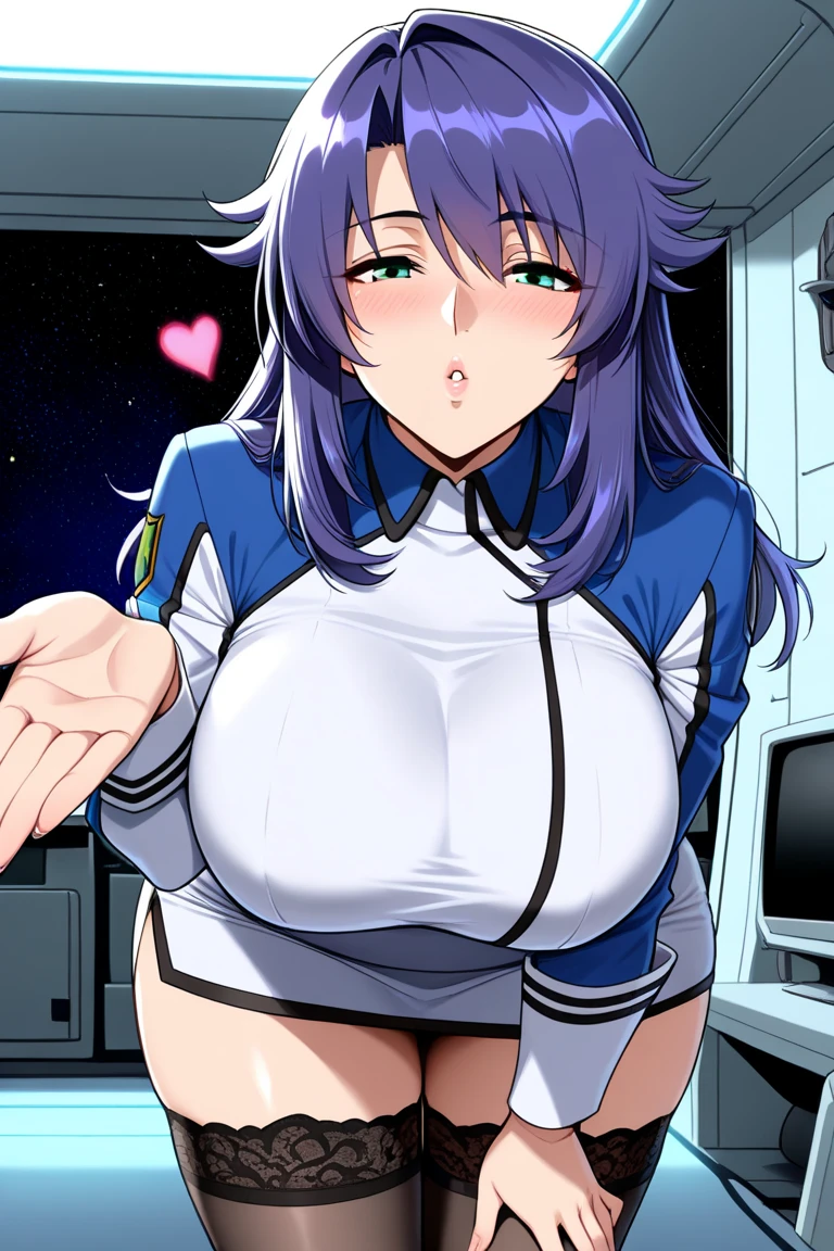 Rieli Bishop(Prison Battleship)、Purple hair、Green Eyes、Huge breastmile、、Standing with your legs apart、See-through、、Chest open、Open neck、clitoris、pubic hair、Low - Angle、Butt、Knee-high socks、tits、Nipples