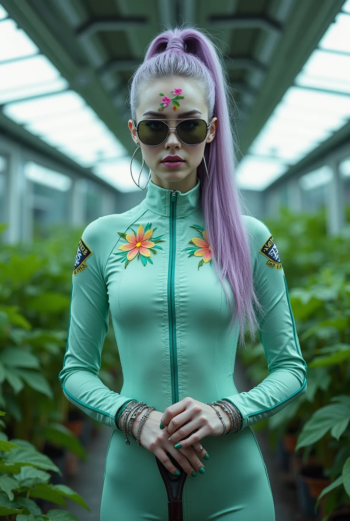 White hair, green eye, woman, tattooed, full body, space, future, old