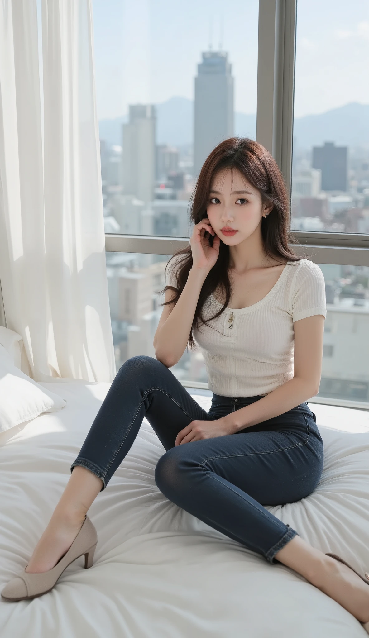SS, BD, Beautiful and stylish woman, Beautiful young Korean actress face, tall, beautiful long legs, full body
A full-body image of a woman in a fitted, short-sleeved white ribbed T-shirt paired with classic dark blue jeans. The T-shirt accentuates her slender figure, while the jeans complement her long, elegant legs. She is lying on a white bed in a relaxed pose, resting her head gently on one hand, with her legs bent at the knees and feet playfully lifted. Her dark hair is styled in a casual, slightly tousled manner with soft bangs framing her delicate Korean actress-like face. The scene is set against a large window showcasing a breathtaking cityscape of modern high-rise buildings and distant mountains. Natural daylight streams through sheer curtains, creating a soft, serene, and effortlessly stylish ambiance.