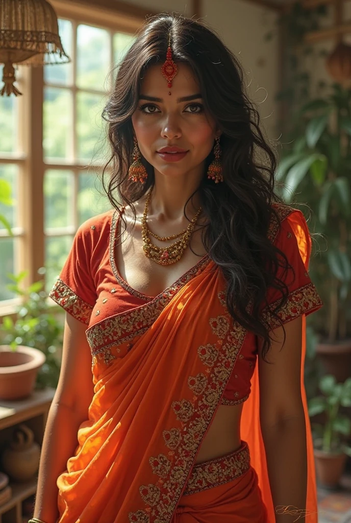 30 year old Indian milf in saree showing midriff, busty breasts, bangles and necklace, thin gold waist chain under the saress