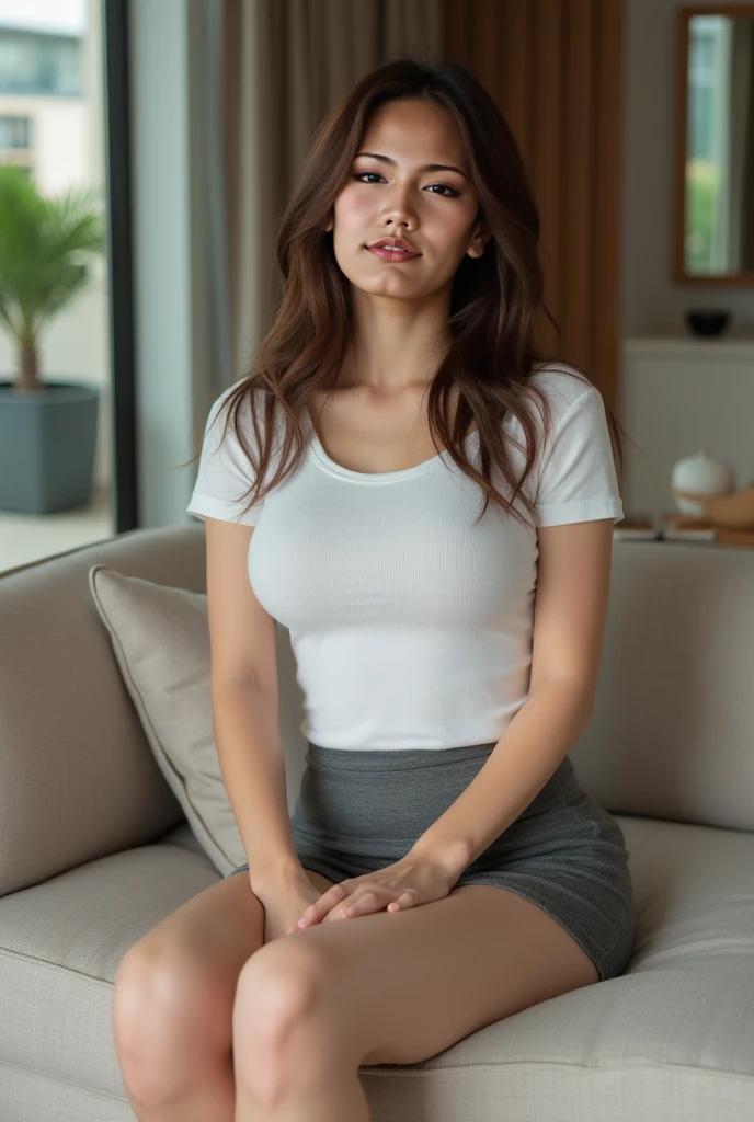 a beautiful smiling brunette woman from Middle Europe, sitting on a desk, sweating due to the heat, with a well-toned slim body and small-sized breasts, (best quality,4k,8k,highres,masterpiece:1.2),ultra-detailed,(realistic,photorealistic,photo-realistic:1.37),hyper detailed face,extremely detailed eyes and face,beautiful detailed eyes,beautiful detailed lips,longeyelashes,office interior,sweating,sweat drops,hot weather,window light,natural lighting,warm color tones,elegant,photorealistic,3d,cinematic lighting, tight shirt, short skirt,