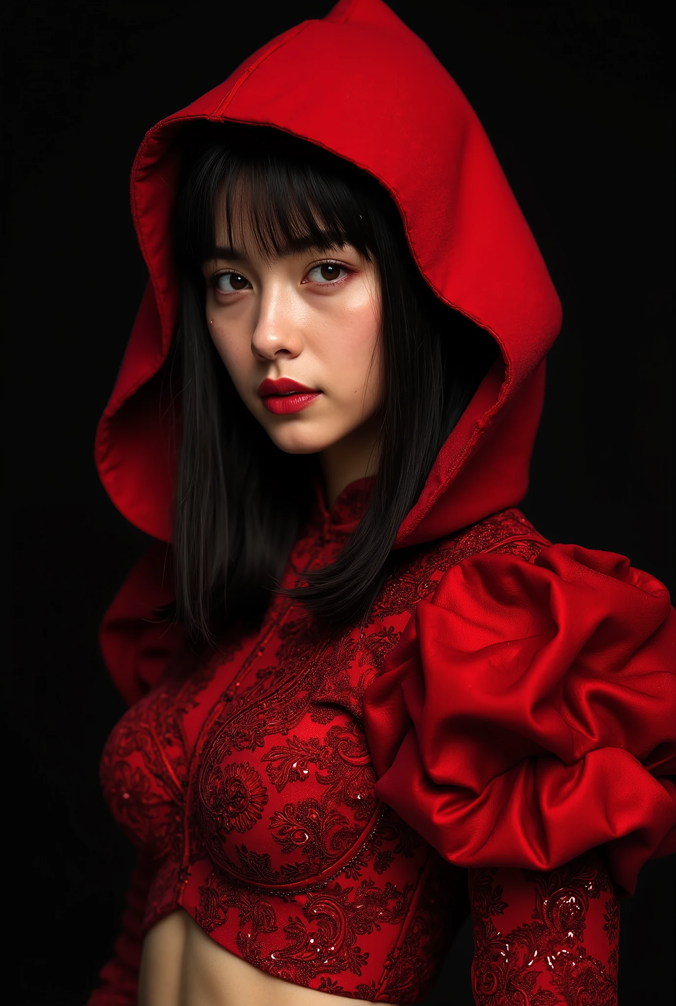 ((extreme details)),(super precise), Highly Detailed CG Unity 8K Wallpaper, velvet, Ornaments, Red Hood, crop top, Starship, puff sleeve, lips, distracts attention, close-up, Turn your head, Black background